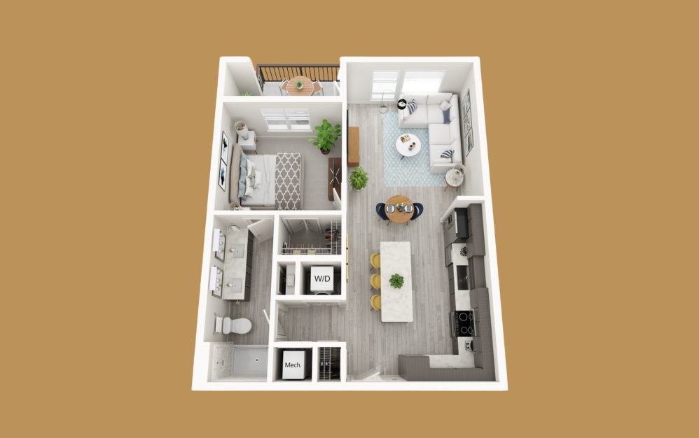 A1C - 1 bedroom floorplan layout with 1 bathroom and 765 square feet
