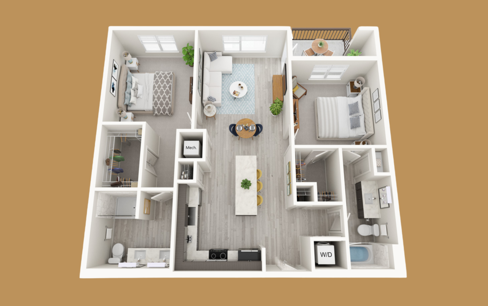 B2C - 2 bedroom floorplan layout with 2 bathrooms and 1098 square feet